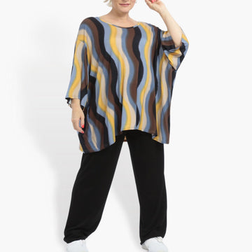  Kastiges 3/4-Ärmel-Shirt in Streifenmuster Blau-Braun-Beige für modischen Plus Size Look