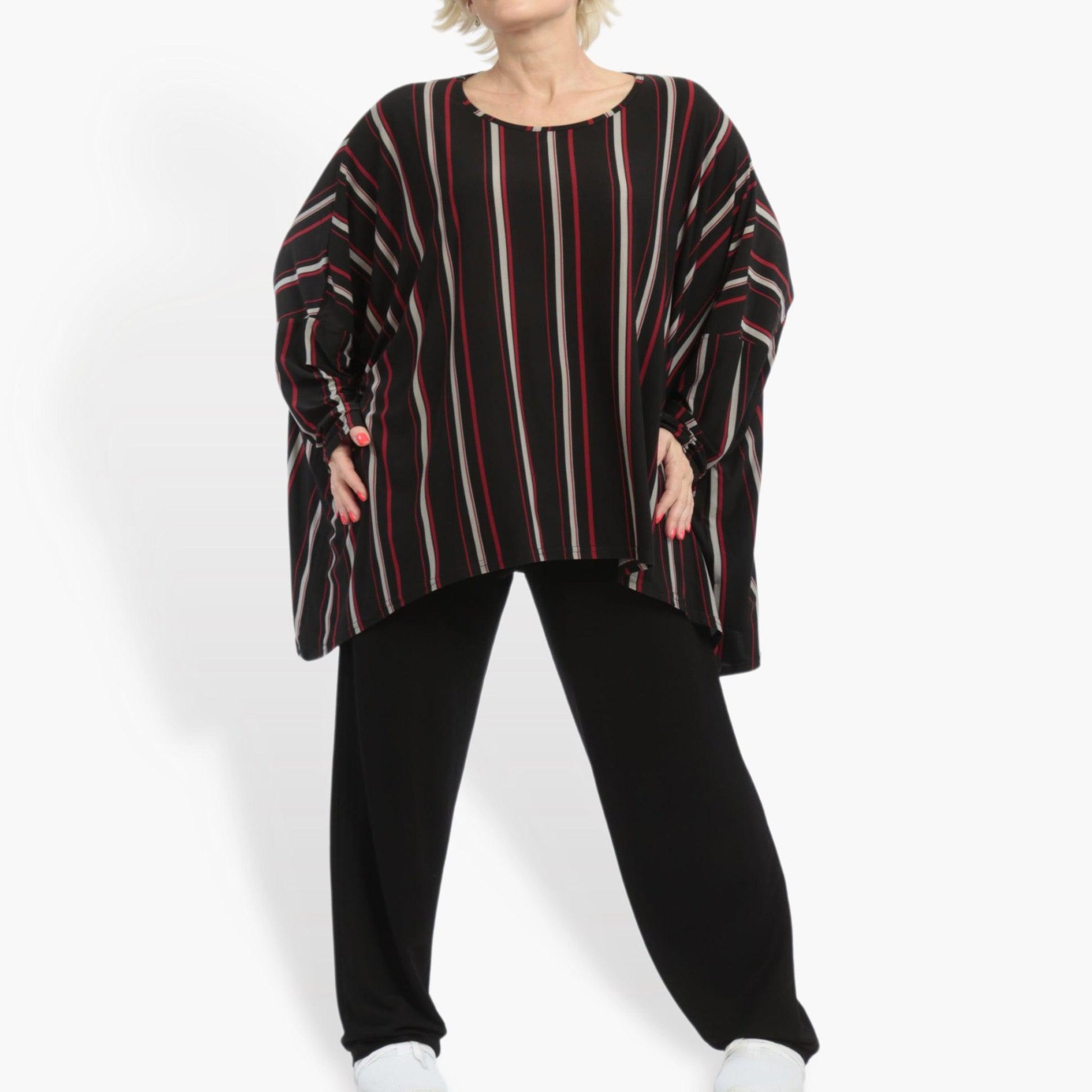  Modisches Oversize-Shirt in Schwarz-Rot-Grau mit Streifen und 3/4-Ärmeln für Plus-Size-Look