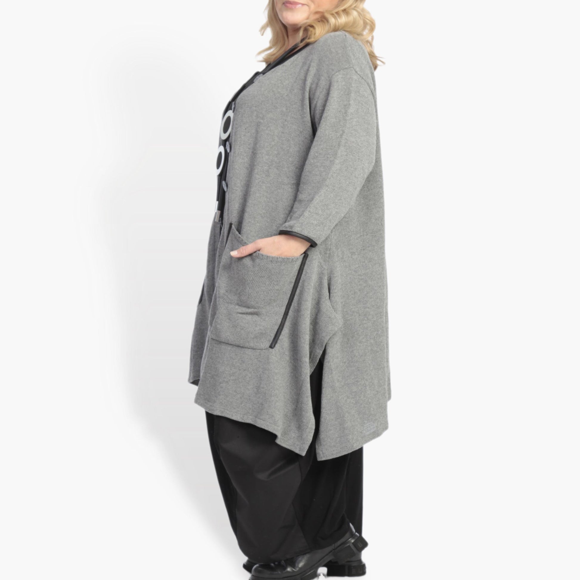  A-Form Jacke in elegantem Anthrazit aus weichem Baumwoll-Strick für lässigen Plus Size Look