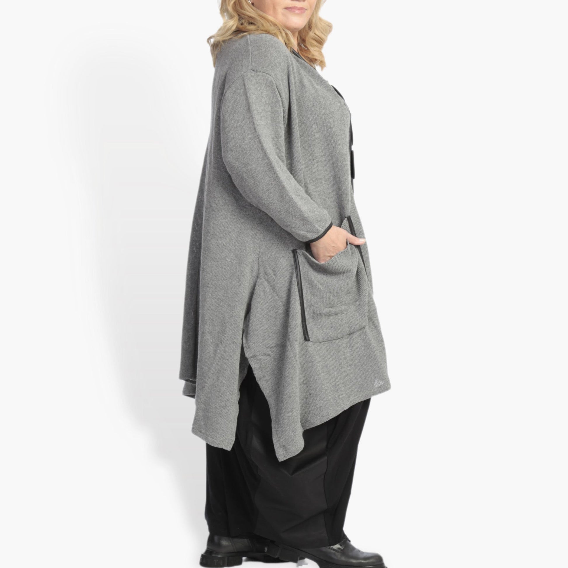  A-Form Jacke in elegantem Anthrazit aus weichem Baumwoll-Strick für lässigen Plus Size Look