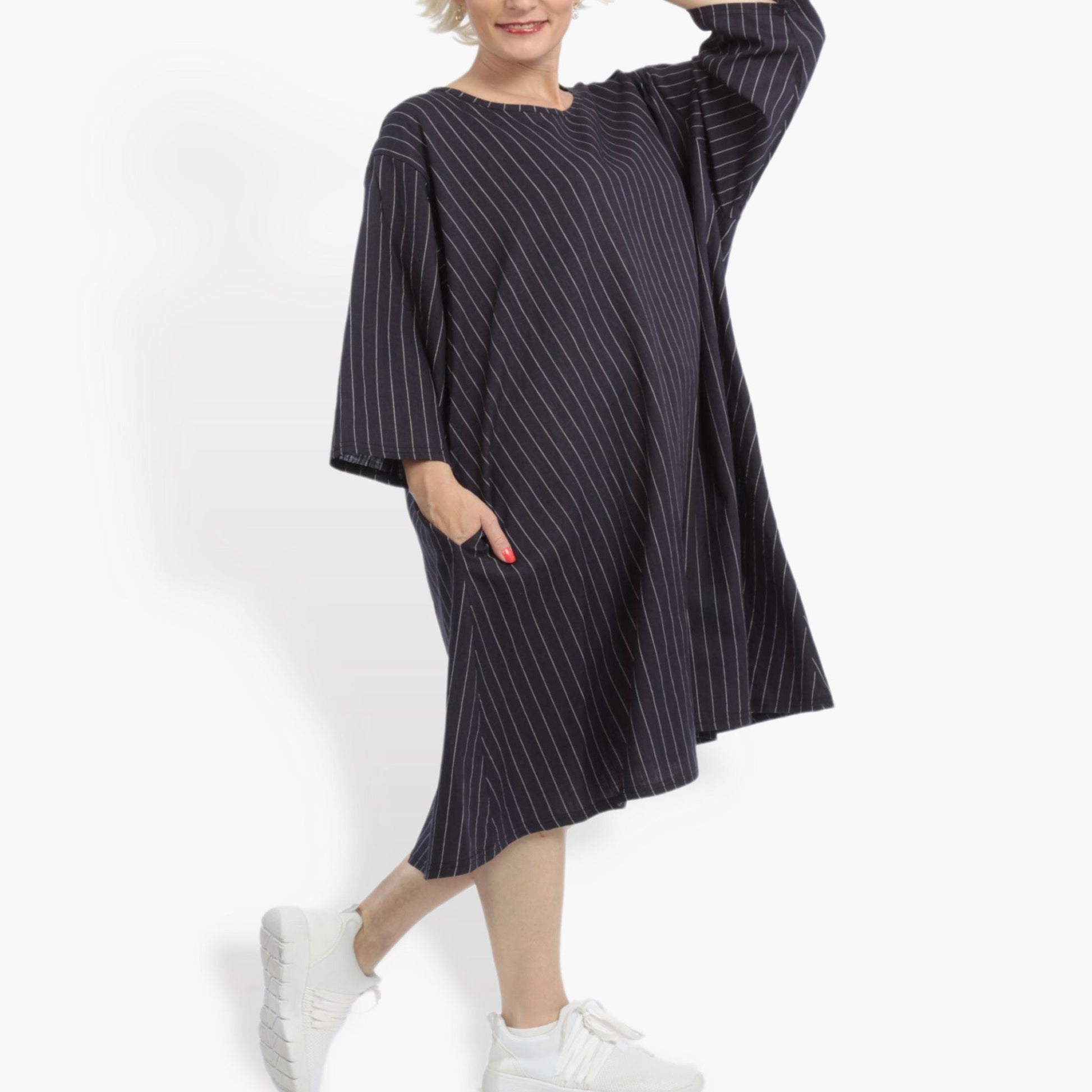  Bigshirt von AKH Fashion aus Leinen in gerader Form, 0868.06792, Marine-Weiß, Schick, Modern