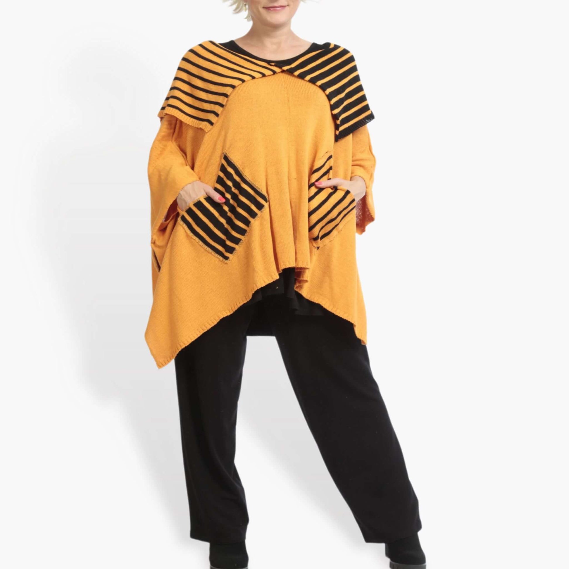  Kastiger Pullover im Lagenlook aus weicher Baumwolle in leuchtendem Orange-Schwarz für Plus-Size