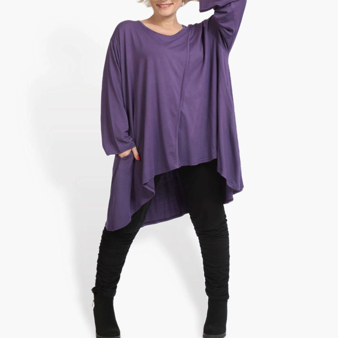  Shirt von AKH Fashion aus Viskose in Vokuhila-Form, 0886.06804, Lila, Unifarben, Schick