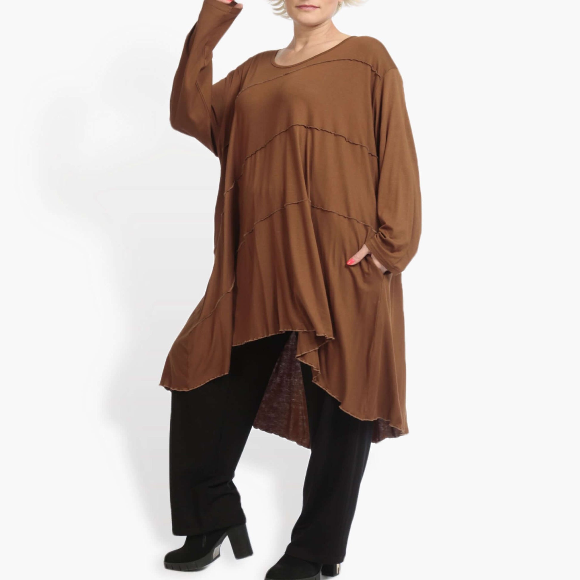  Kleid von AKH Fashion aus Viskose in Vokuhila-Form, 0886.06802, Cognac, Unifarben, Schick