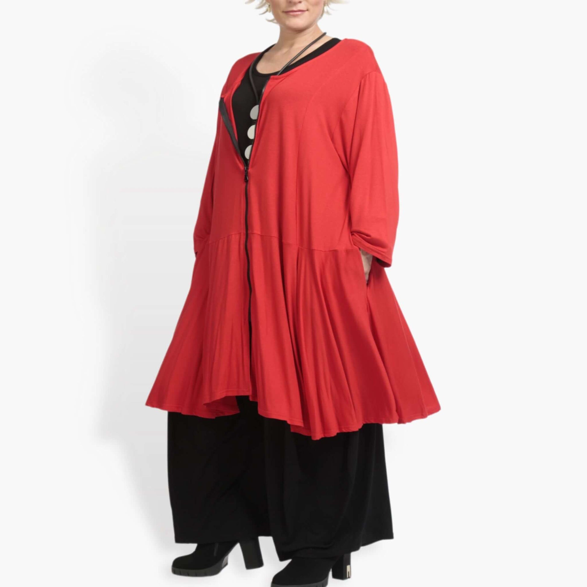  Elegante rote Jacke im Glocken-Schnitt mit langen Ärmeln und praktischen Taschen für Plus Size