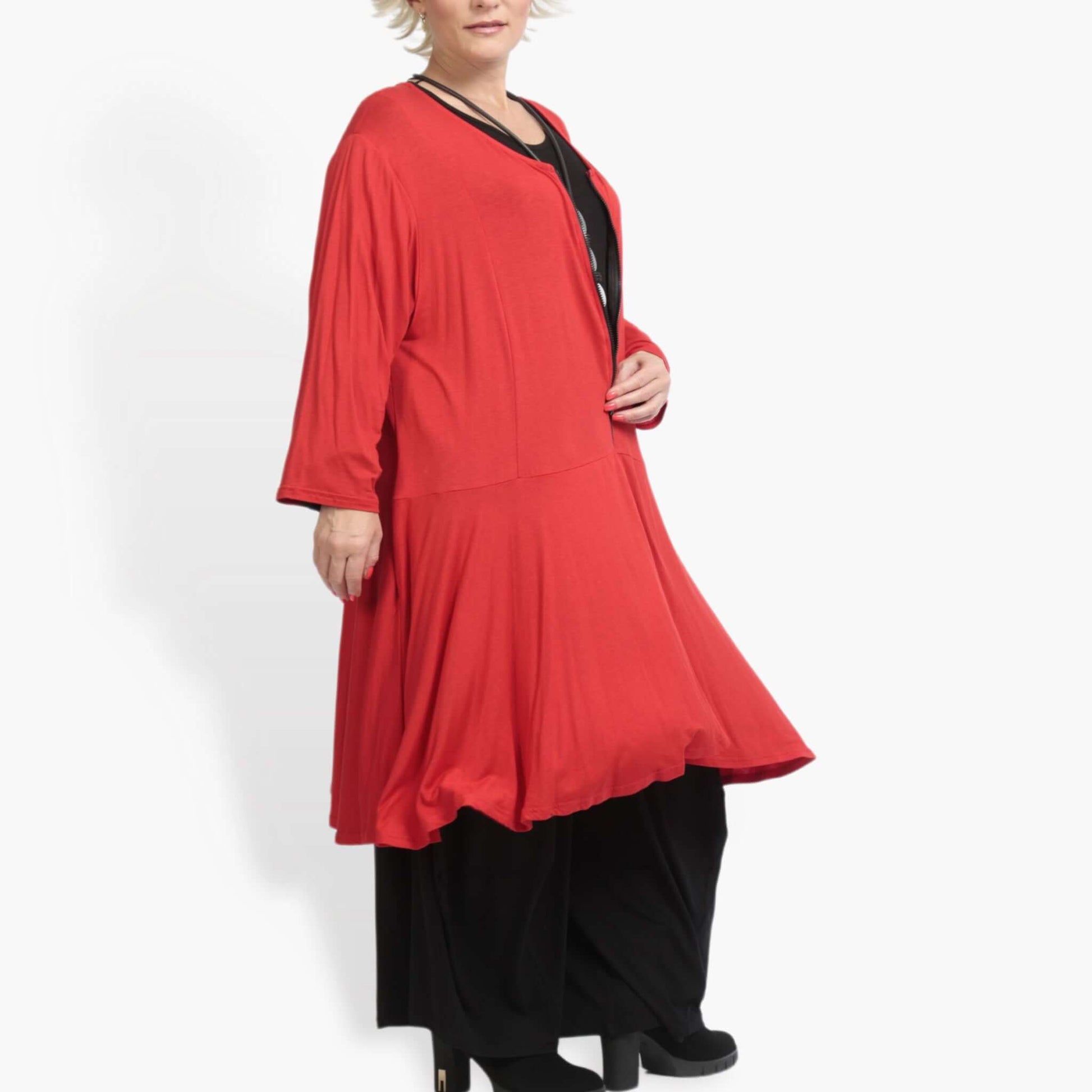  Elegante rote Jacke im Glocken-Schnitt mit langen Ärmeln und praktischen Taschen für Plus Size