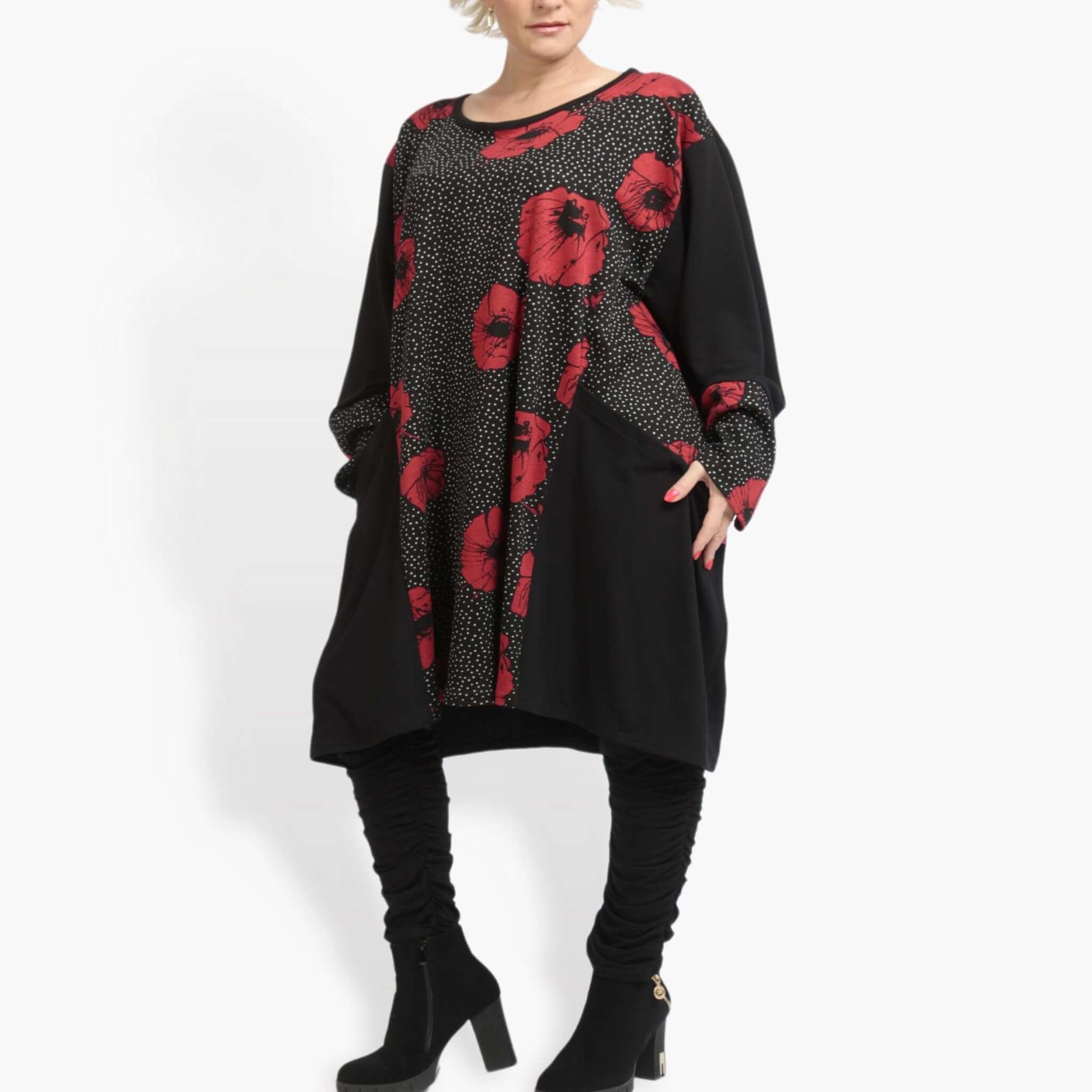  BallonBigshirt von AKH Fashion aus Viskose, 0914.06660, Schwarz-Rot, Blumen, Schick, Modern