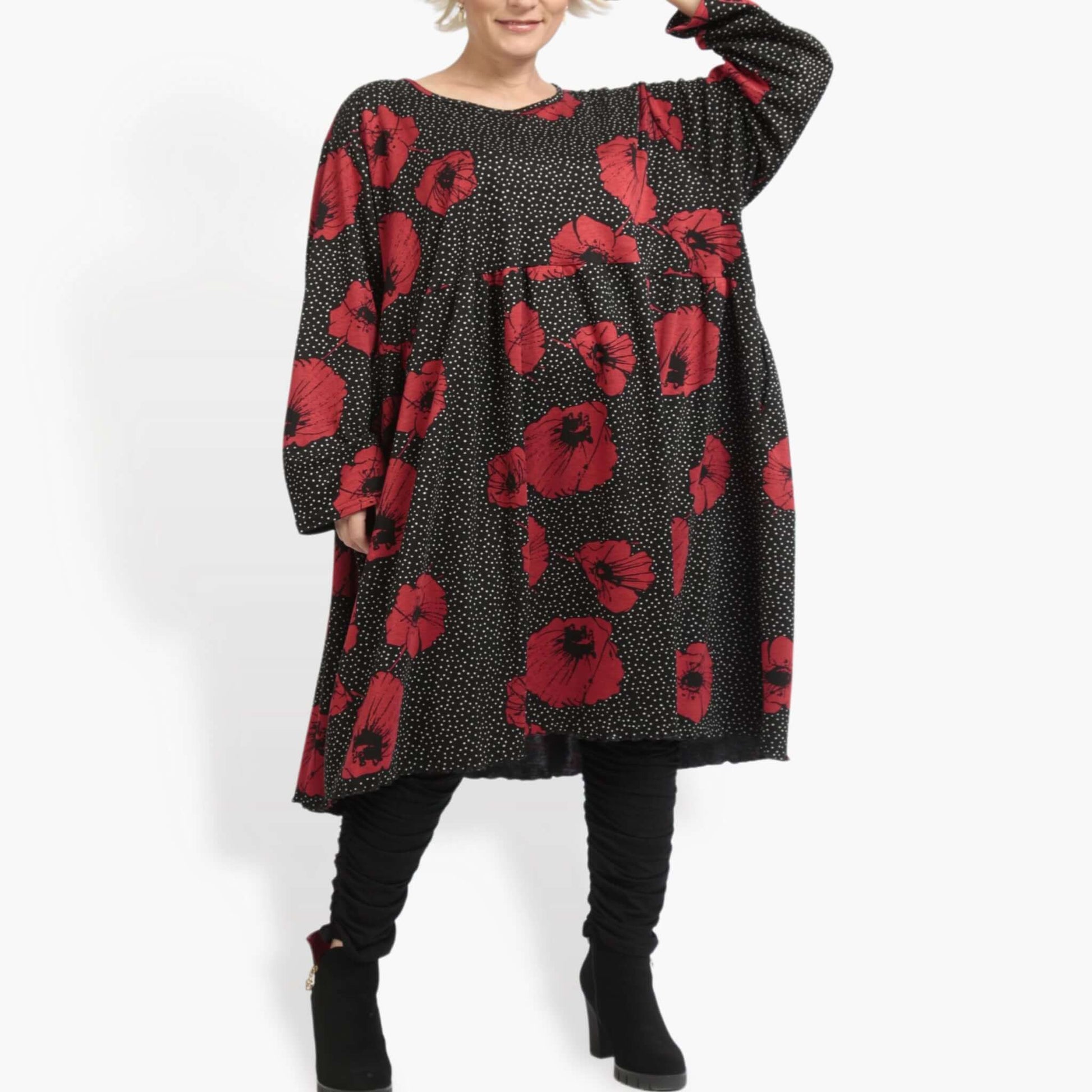  Stylisches Lagenlook-Kleid in Schwarz-Rot mit floralem Muster und angenehm stretchy Romanit-Jersey