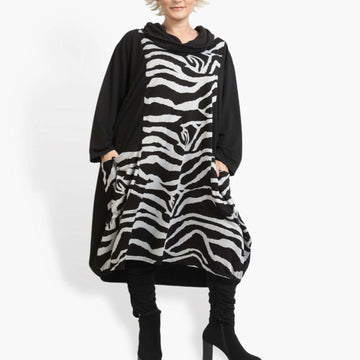  Ballonkleid mit Zebra-Muster in Schwarz-Grau aus dehnbarem Romanit Jersey für Herbst/Winter