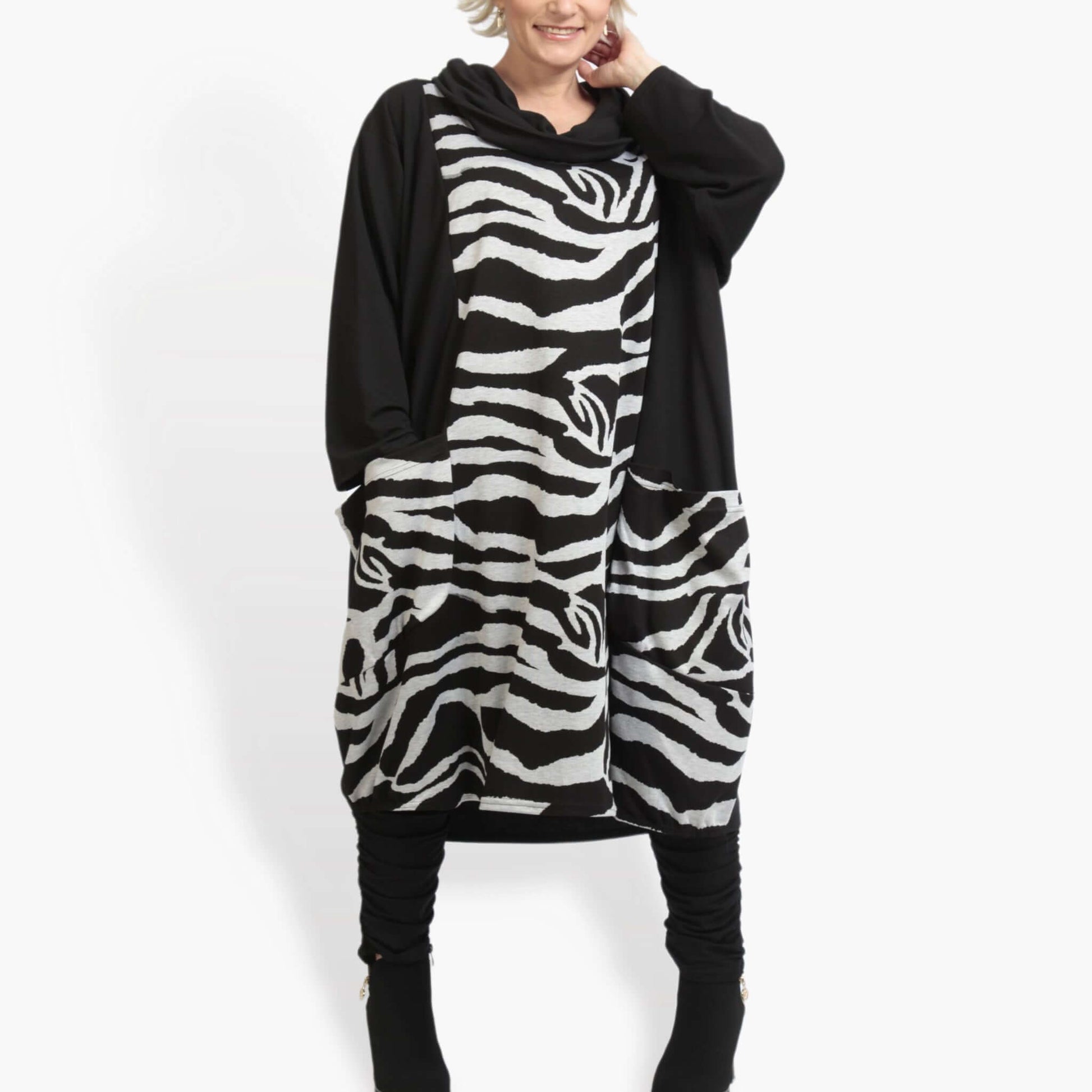  Ballonkleid mit Zebra-Muster in Schwarz-Grau aus dehnbarem Romanit Jersey für Herbst/Winter