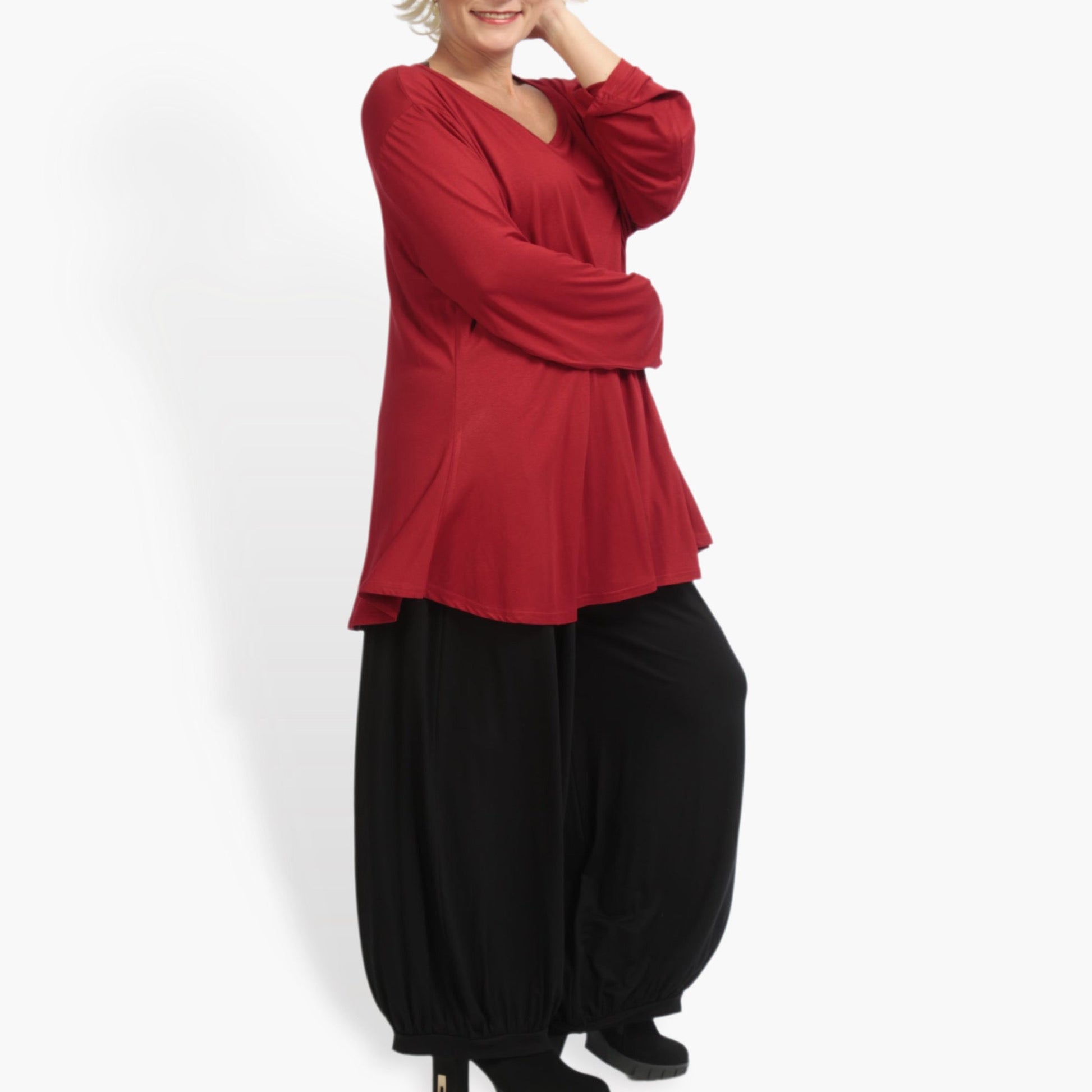  Stylisches Damen Shirt in Glocken-Form für große Größen – Bequemes Oversize mit Lagenlook in Rot