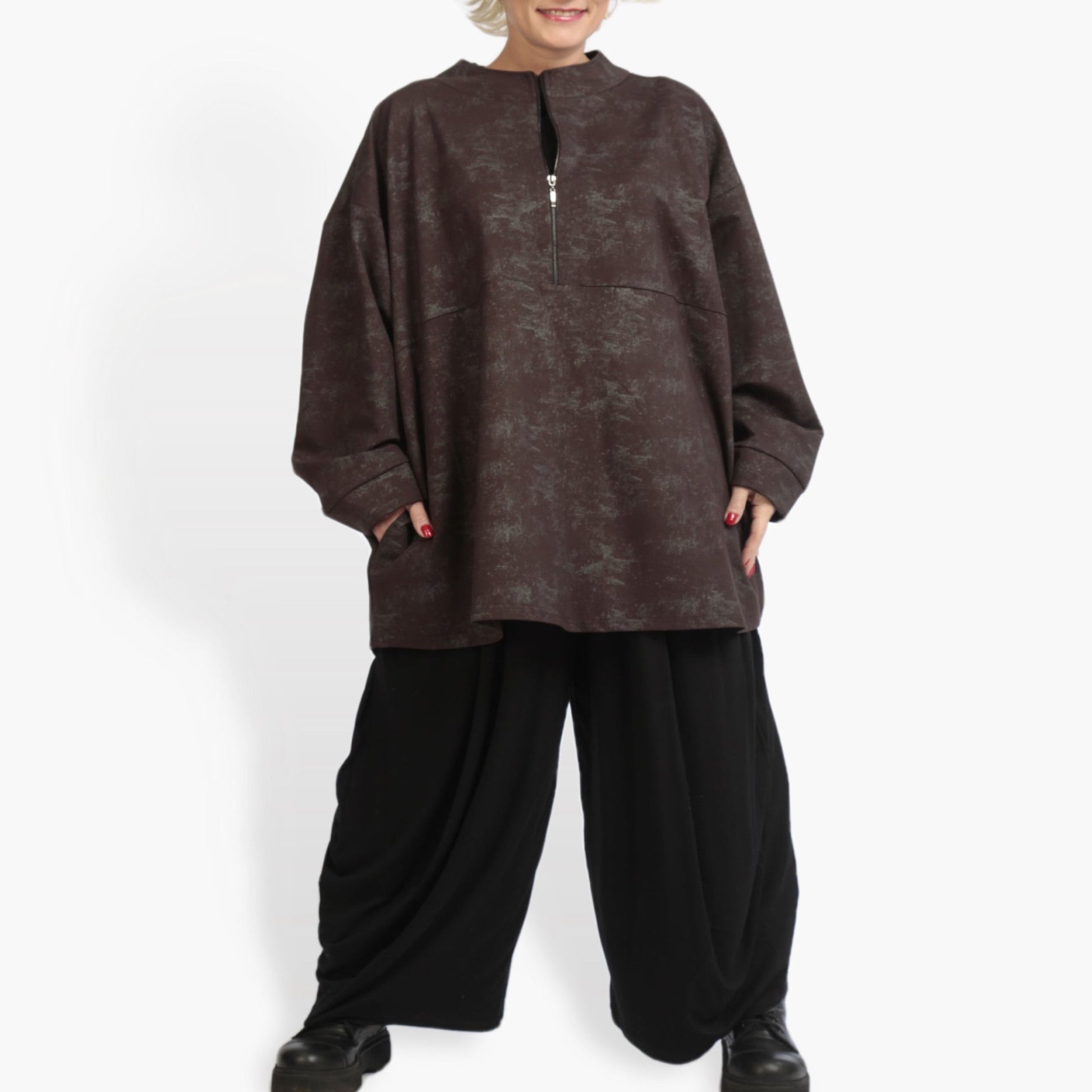  Bigshirt von AKH Fashion aus Viskose in kastiger Form, 0942.06821, Dunkelbraun, Ausgefallen