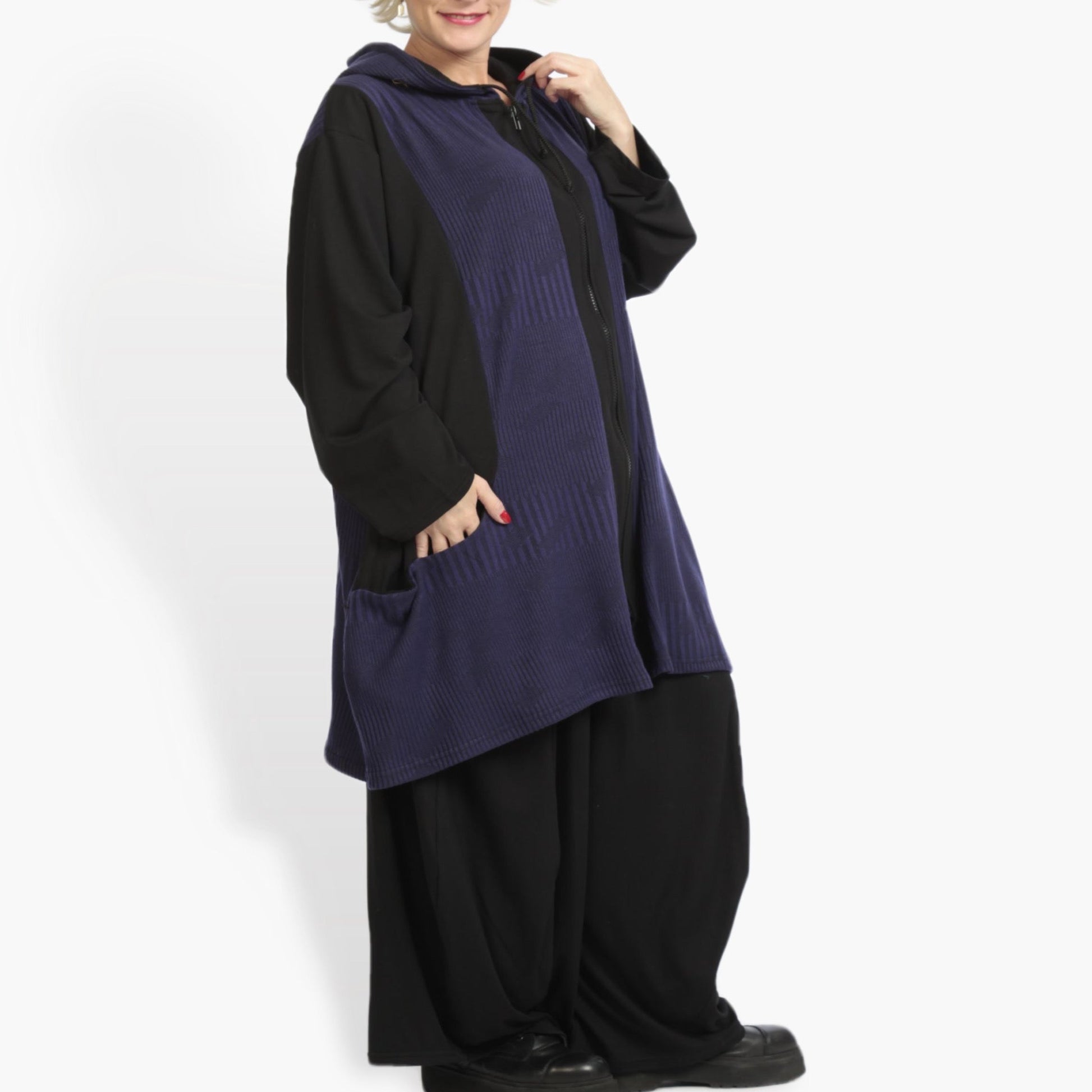  A-Form Jacke in Lila-Schwarz mit Streifenmuster, lässigem Oversize-Schnitt und Kapuze