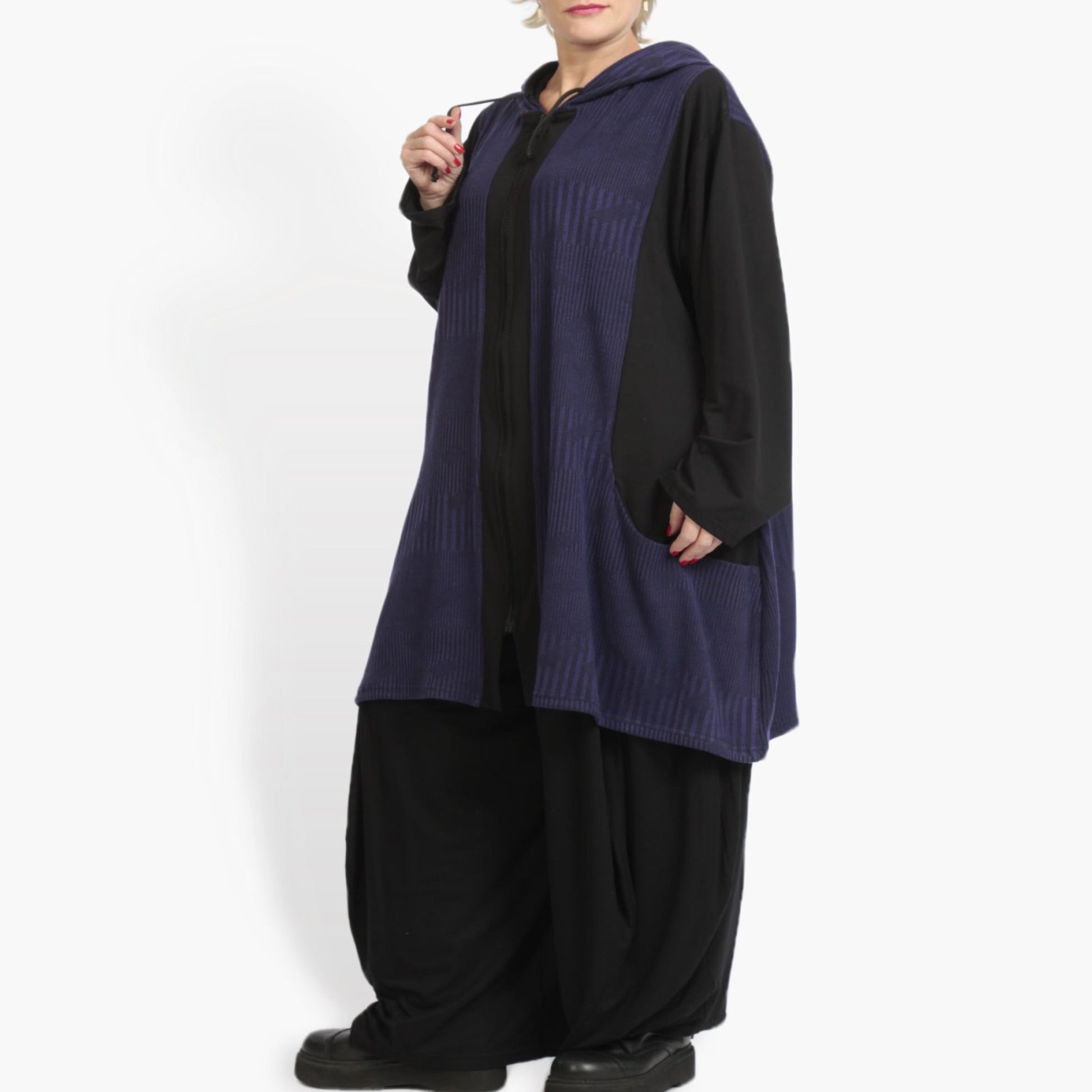  A-Form Jacke in Lila-Schwarz mit Streifenmuster, lässigem Oversize-Schnitt und Kapuze