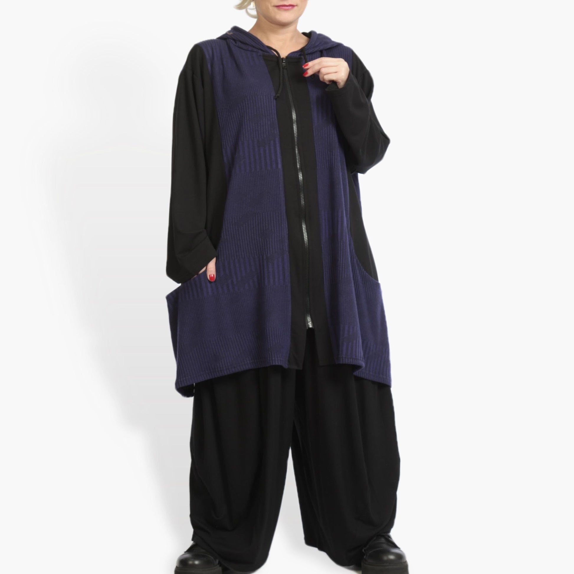  A-Form Jacke in Lila-Schwarz mit Streifenmuster, lässigem Oversize-Schnitt und Kapuze