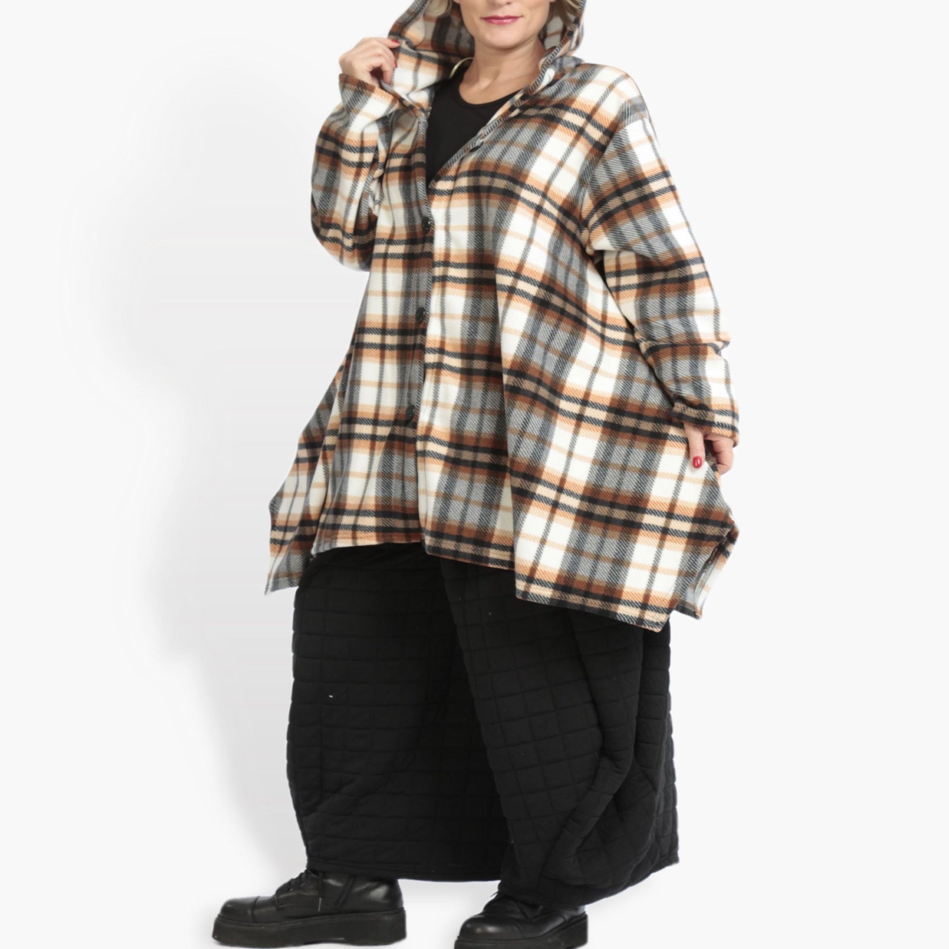  A-Form Fleece Jacke in multicolor-brauner Tartan-Optik mit Kapuze für legere Plus Size Fashion