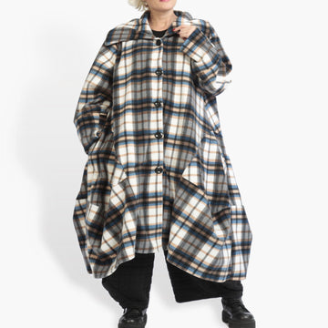  Oversize Ballonmantel im multicolor-blauen Tartan-Design aus weichem Fleece mit Taschen