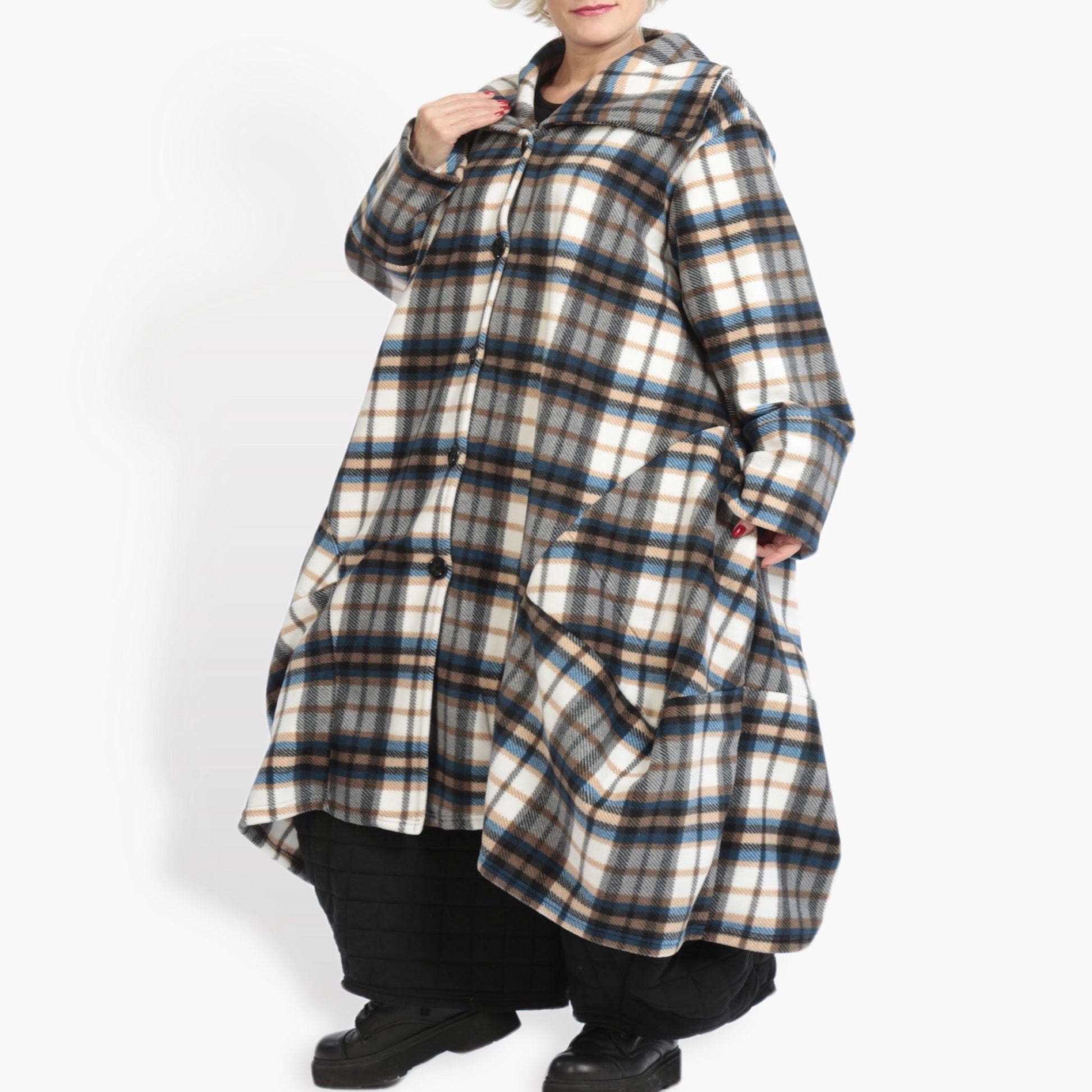  Oversize Ballonmantel im multicolor-blauen Tartan-Design aus weichem Fleece mit Taschen