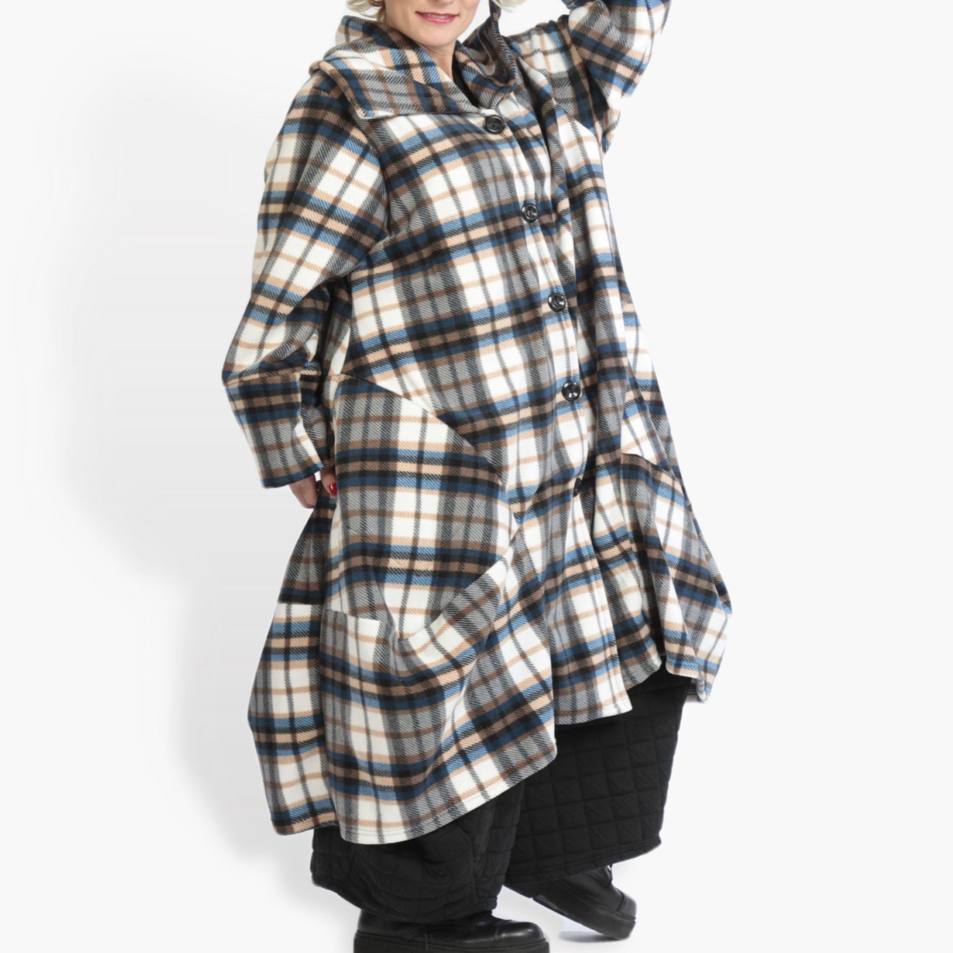  Oversize Ballonmantel im multicolor-blauen Tartan-Design aus weichem Fleece mit Taschen