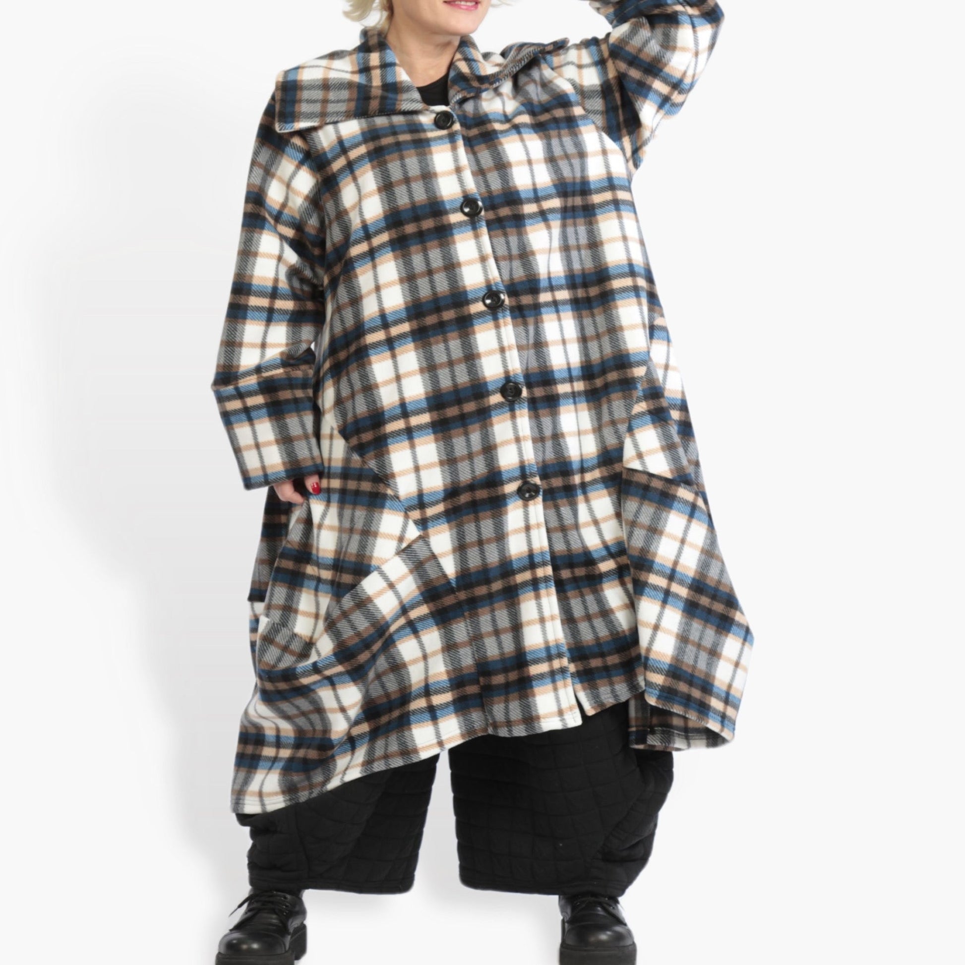  Oversize Ballonmantel im multicolor-blauen Tartan-Design aus weichem Fleece mit Taschen