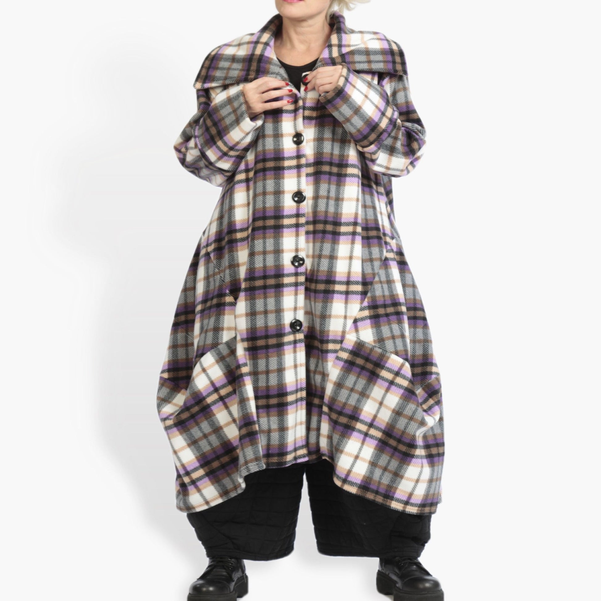  Ballonmantel im Tartan-Look in multicolor Lila, weiches Fleece-Polyester, oversized Schnitt, mit Taschen