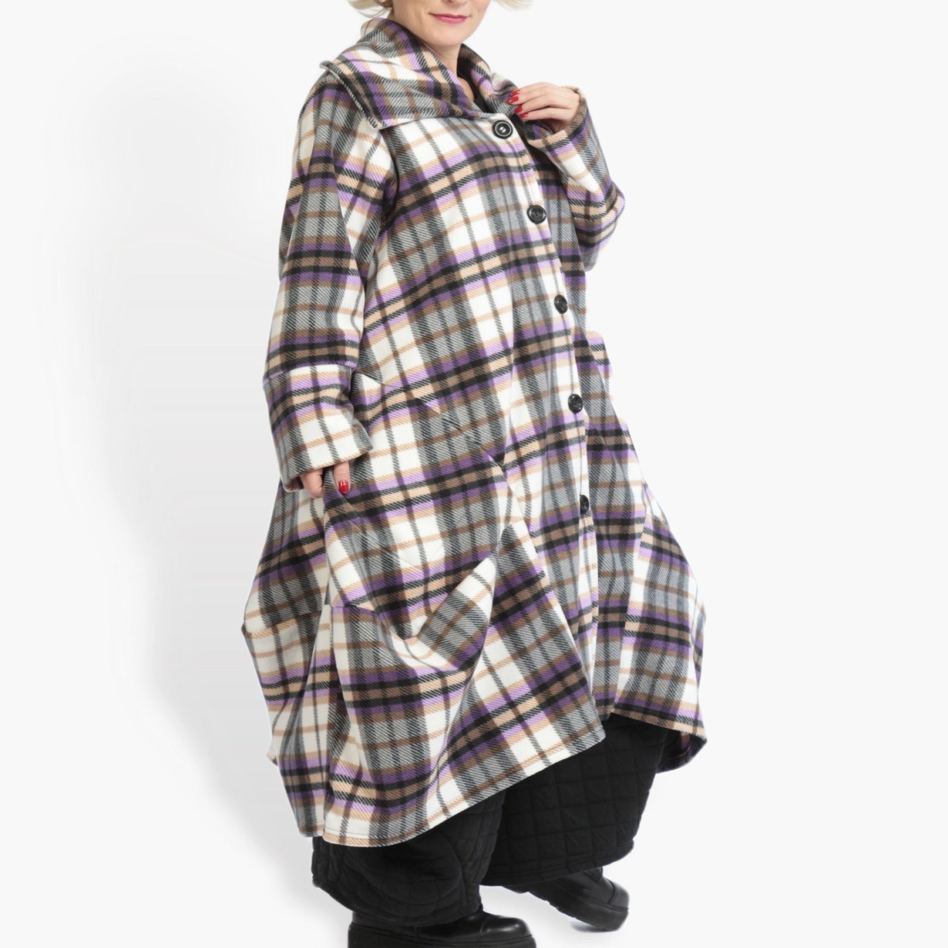  Ballonmantel im Tartan-Look in multicolor Lila, weiches Fleece-Polyester, oversized Schnitt, mit Taschen