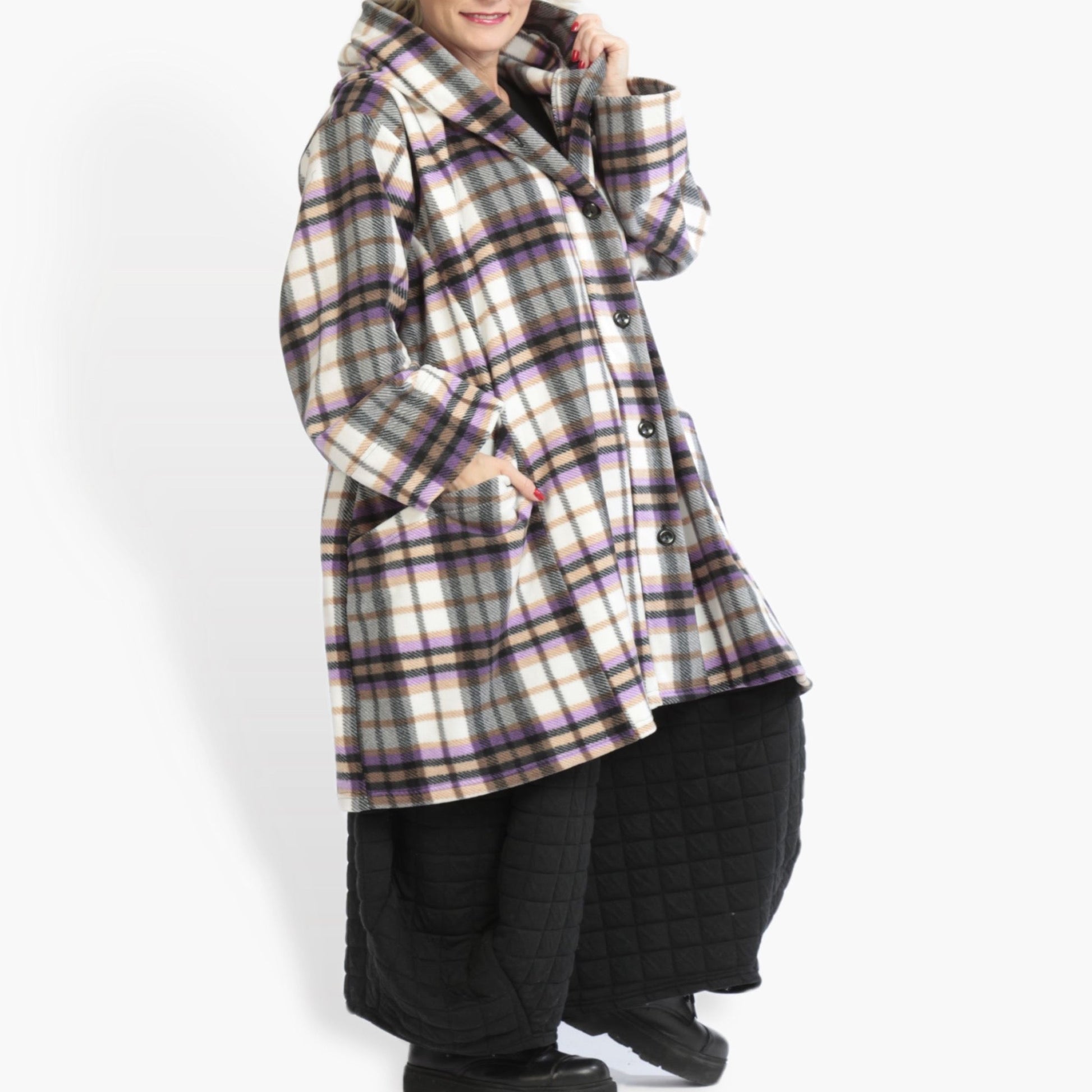  Kuschelige Ballonjacke aus Fleece mit trendy Tartan-Muster in lila für den Lagenlook