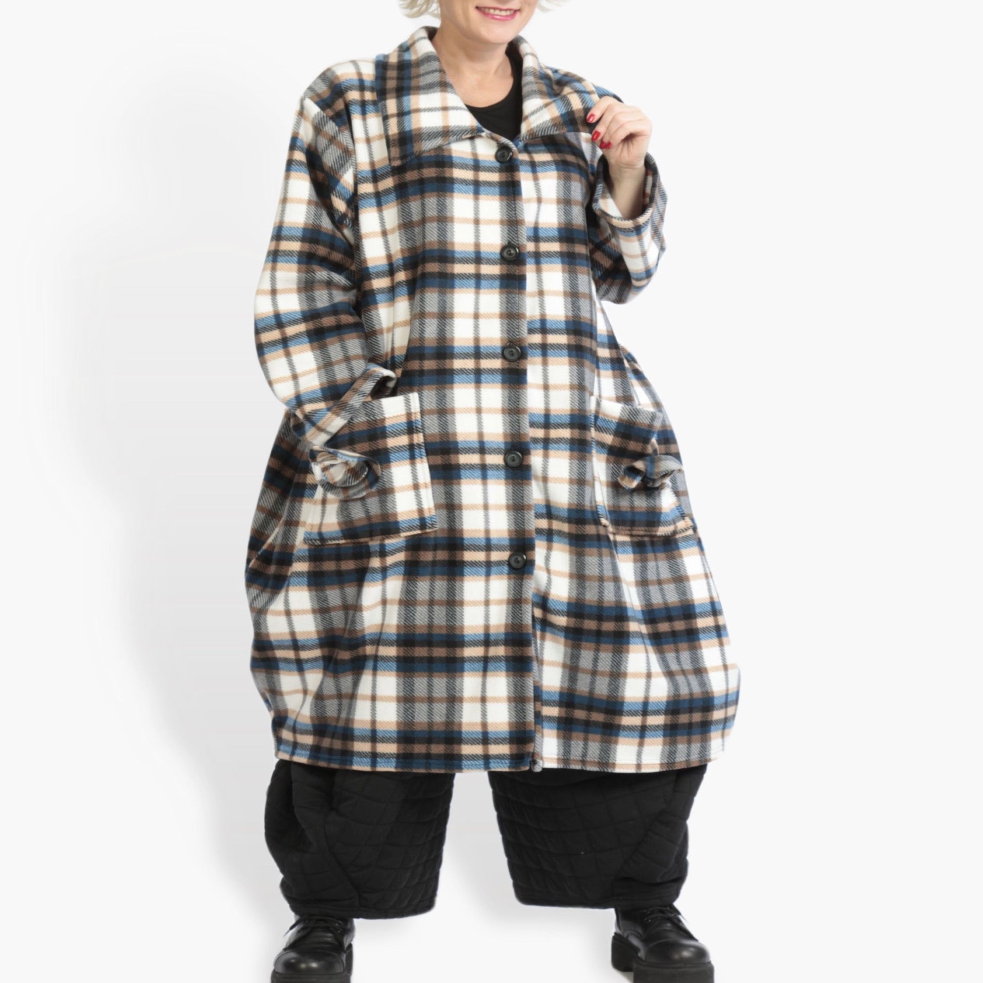  Stylischer Ballonmantel im modischen Tartan-Muster in vielseitigem Blau mit Oversize-Schnitt