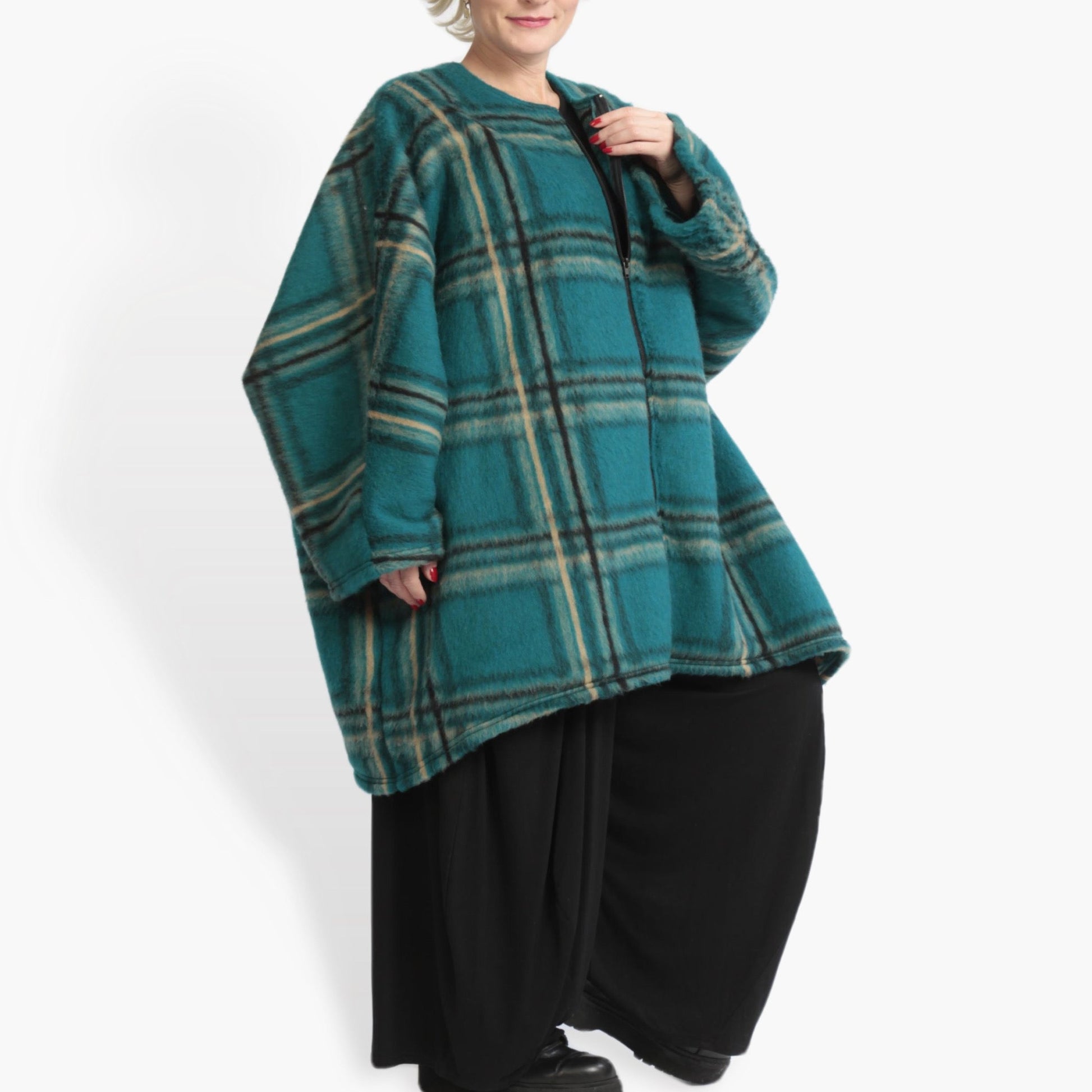  Kuschelige Oversize-Jacke im Lagenlook mit kariertem Fleece in trendigem Petrol-Multi