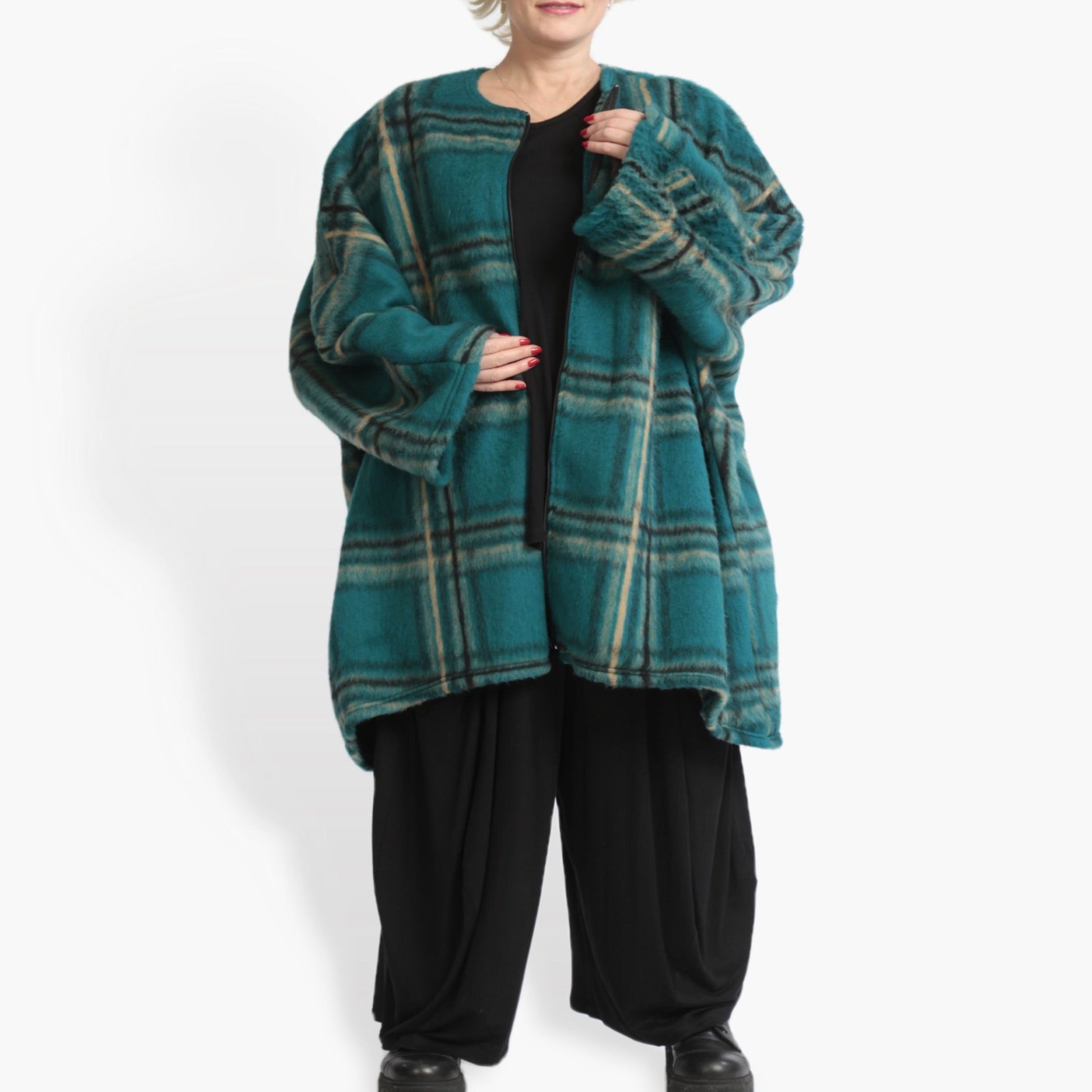  Kuschelige Oversize-Jacke im Lagenlook mit kariertem Fleece in trendigem Petrol-Multi